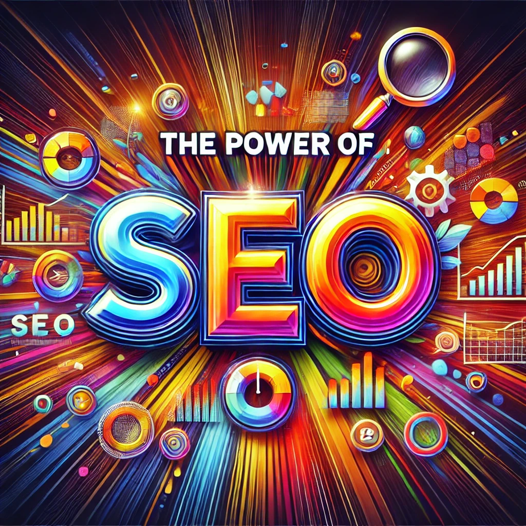 The Power of SEO - Bold and Colorful Text with Digital Marketing Icons